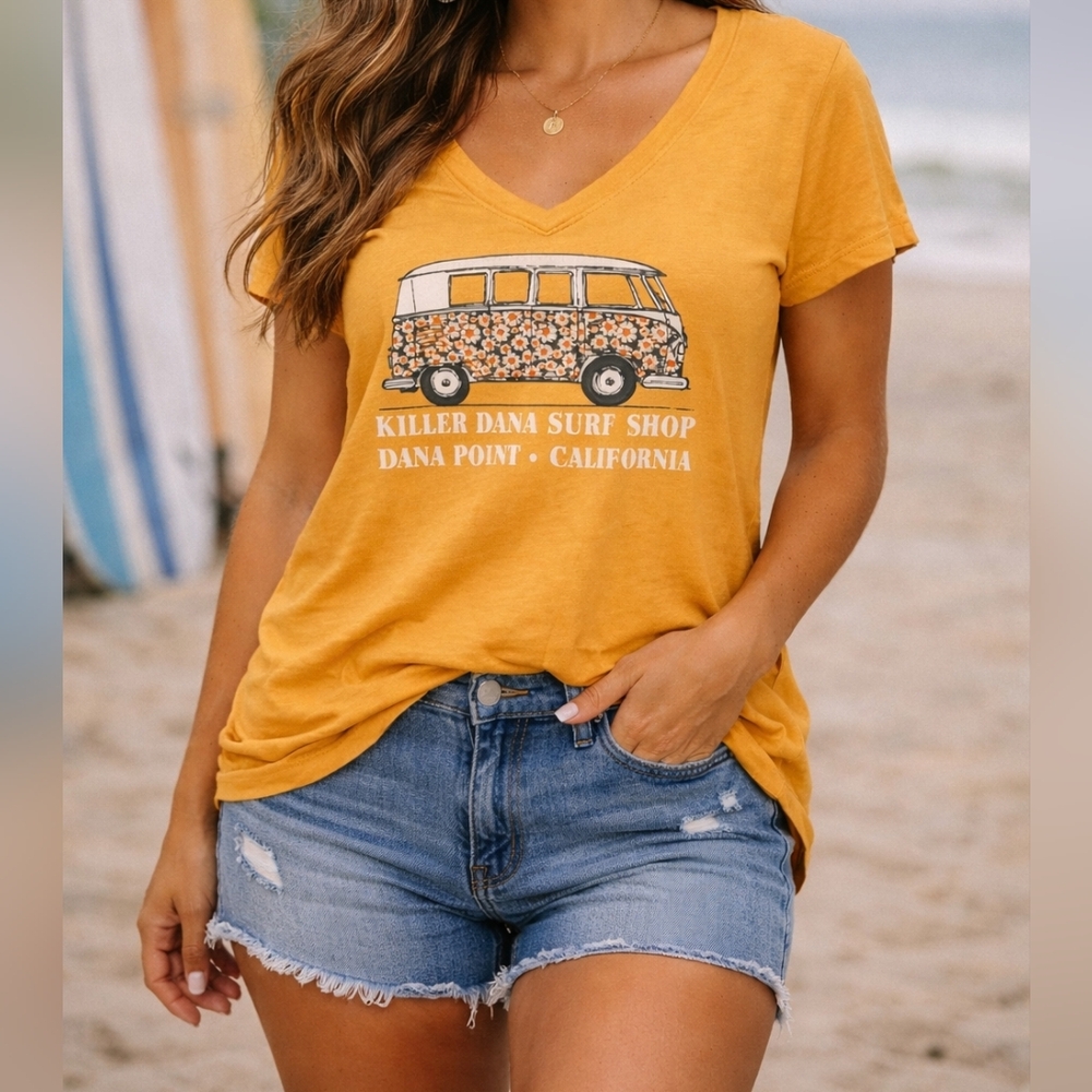Mustard V-Neck Tee Womens XL Dana Point California